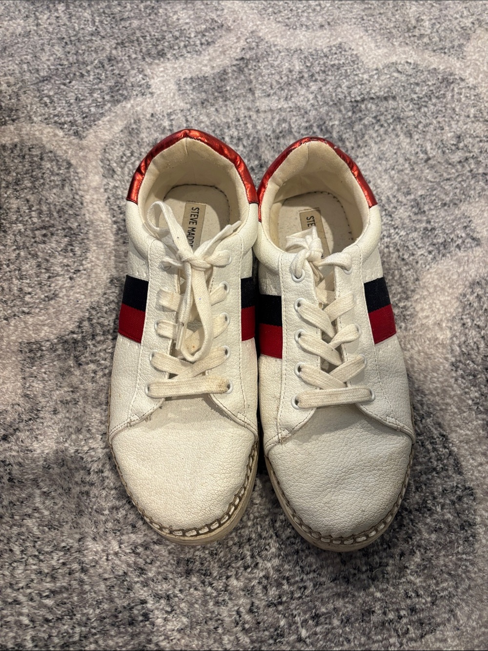 Steve Madden White Sneakers with Red & Black Stripe and Red Heel